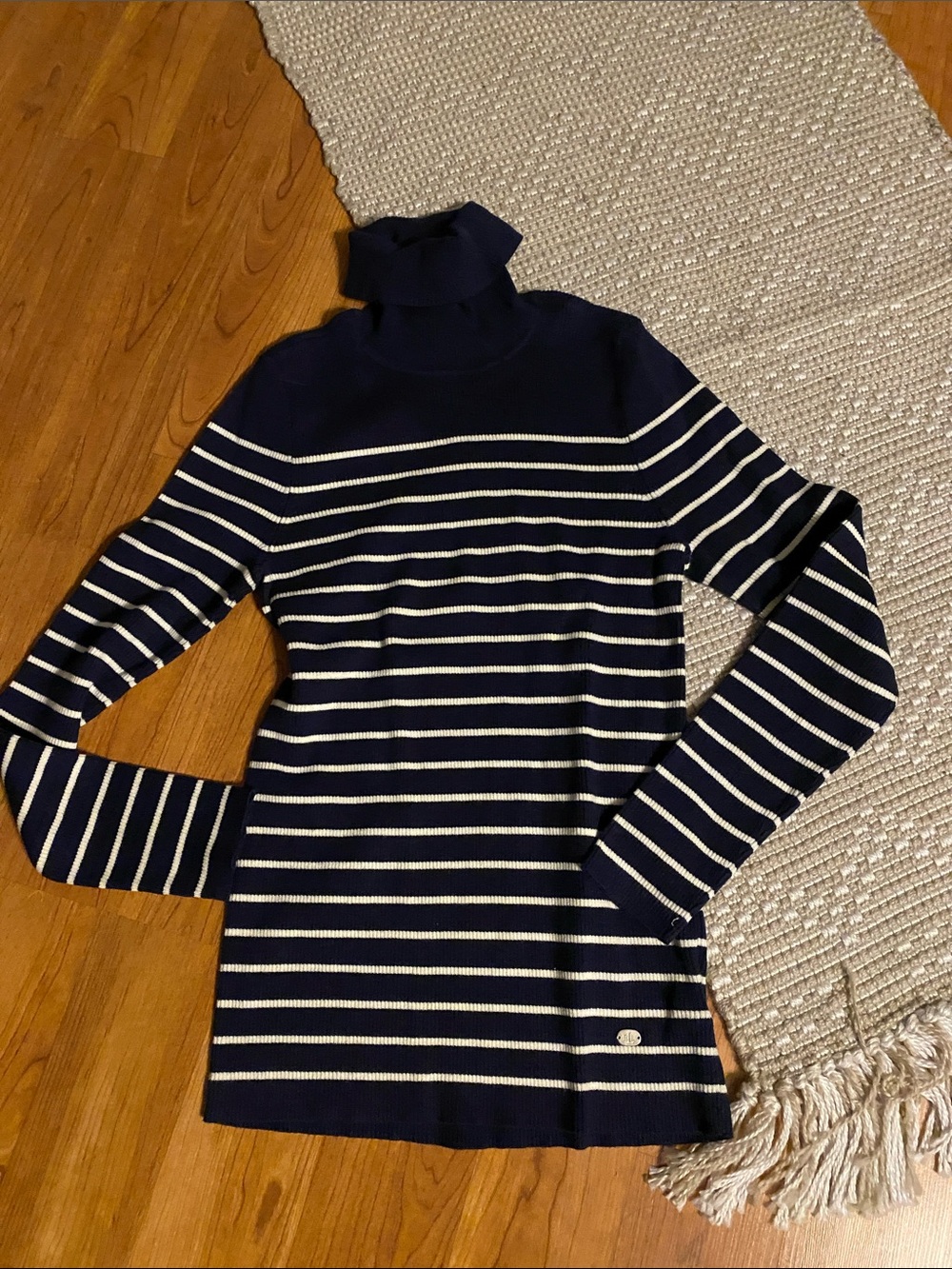 Lauren Ralph Lauren Navy and Cream Striped Turtleneck Sweater L